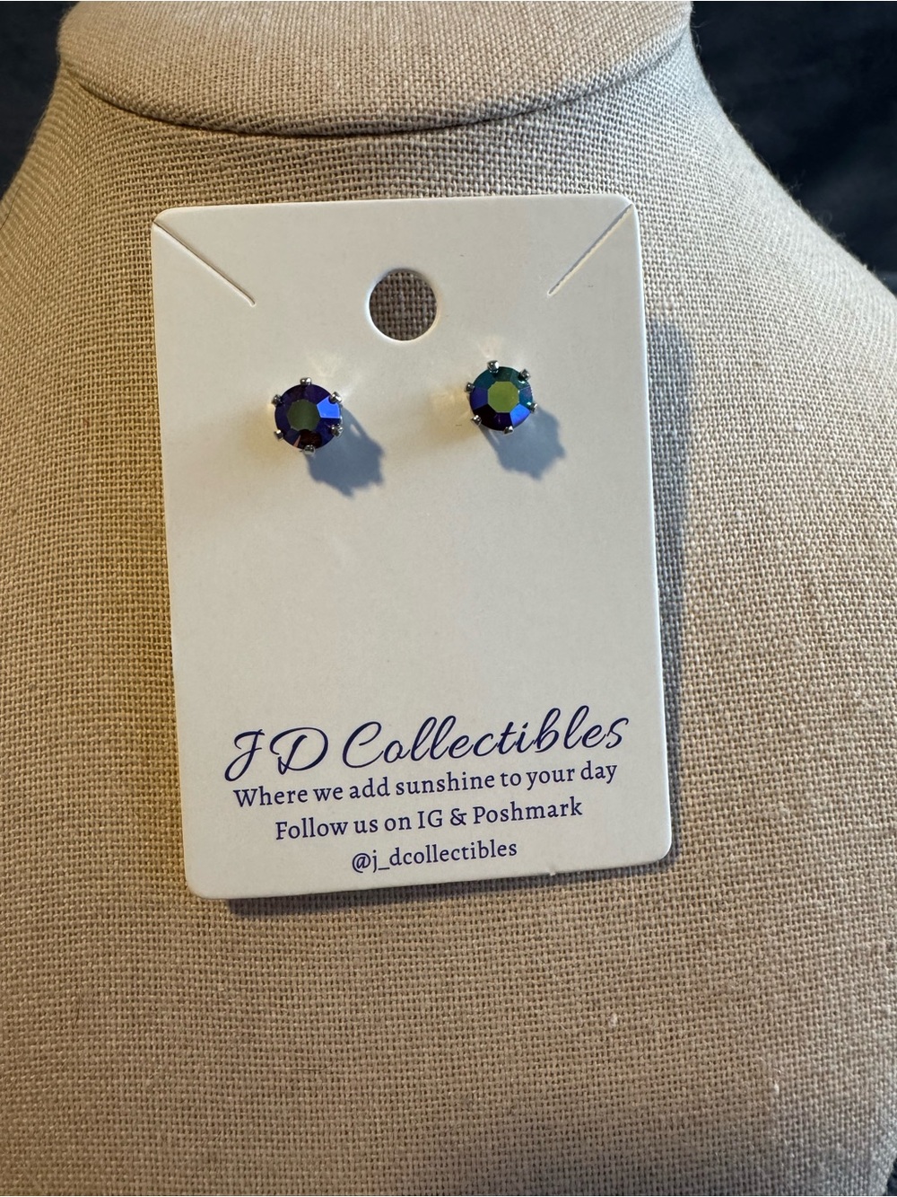 Swarovski Crystal Elements Blue and Green Iridescent Stud, Six Silver Prongs